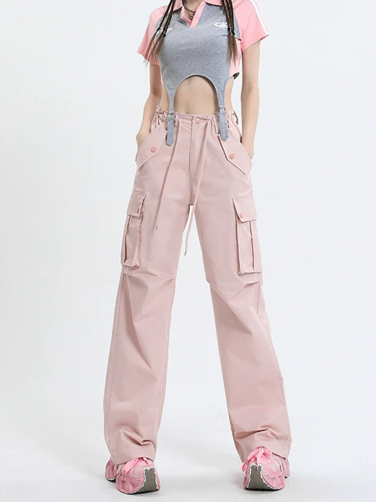 Qiyu Pink American High Waist Work Clothes Jeans for Women  Autumn New Short Straight Loose Trousers