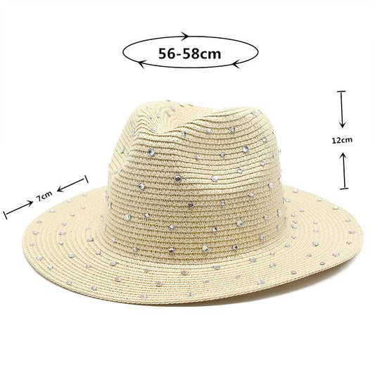 NNEDSZ Black Women's Wide-Brim Straw Hat with Rhinestones - Elegant and Breathable Sun Hat for Summer Outdoors,M(56-58cm)