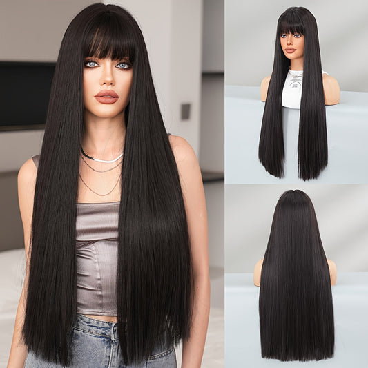 WIGS Elegant Long Black Straight Wig with Bangs