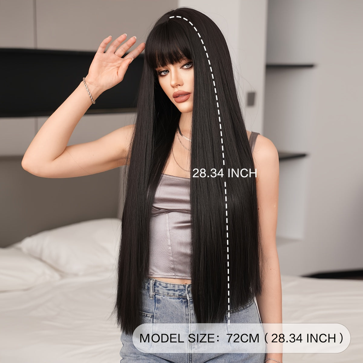 WIGS Elegant Long Black Straight Wig with Bangs
