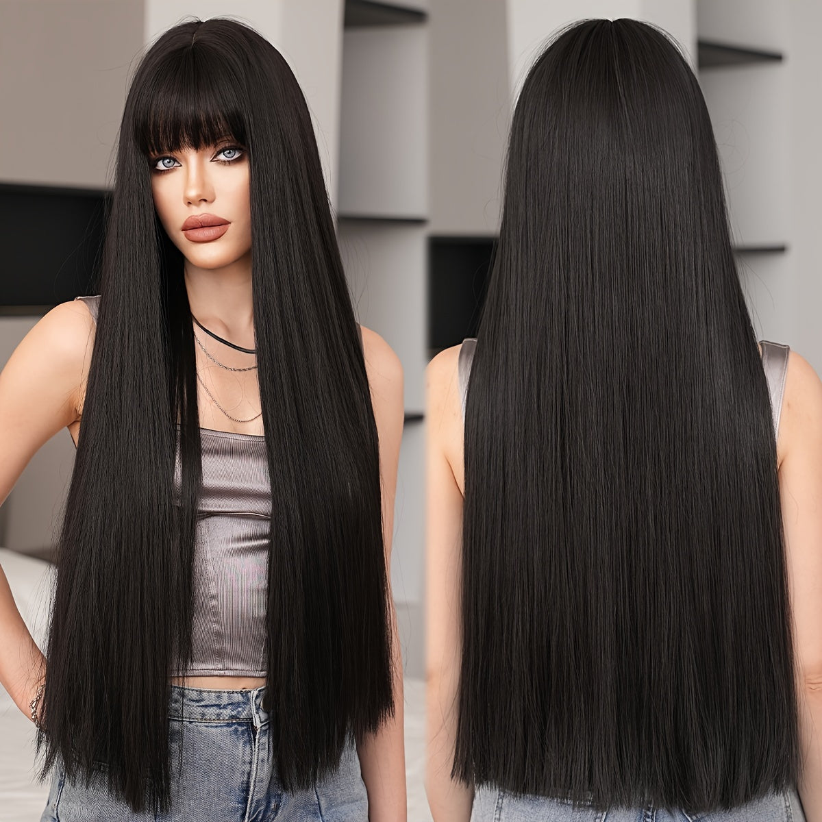 WIGS Elegant Long Black Straight Wig with Bangs