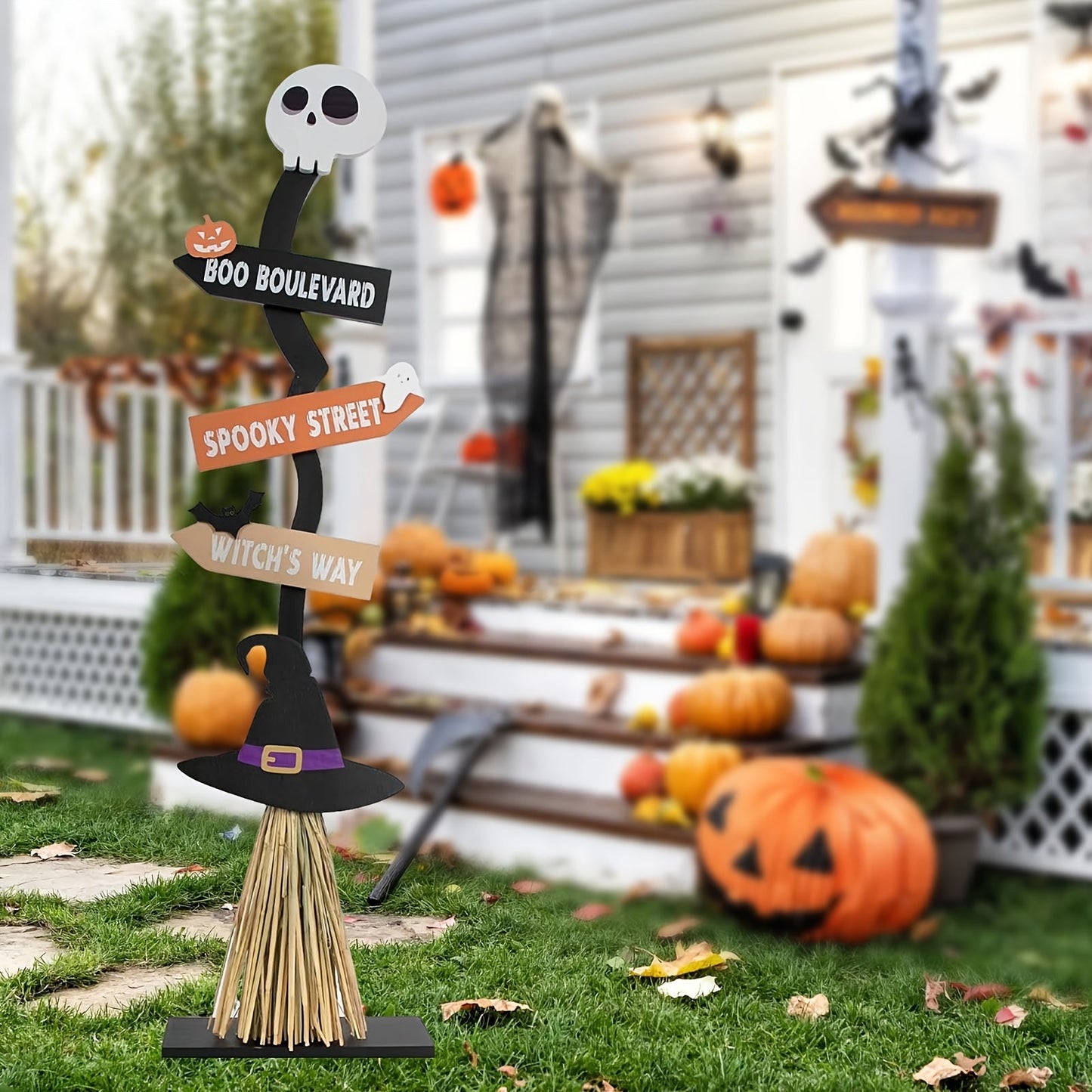 NNETM Witch Broom Decor with Halloween Sign