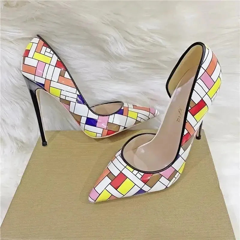 Color Checkered High Heels Stiletto Shoes