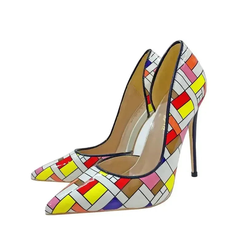 Color Checkered High Heels Stiletto Shoes