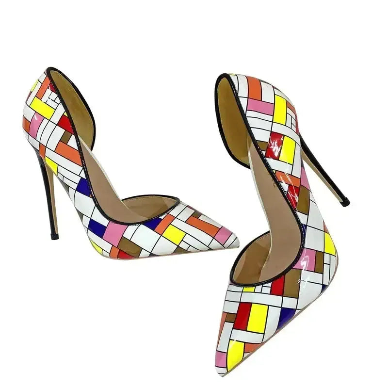 Color Checkered High Heels Stiletto Shoes