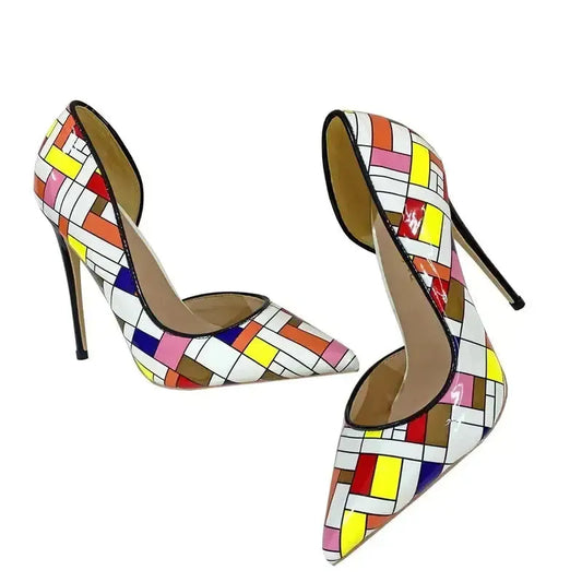 Color Checkered High Heels Stiletto Shoes