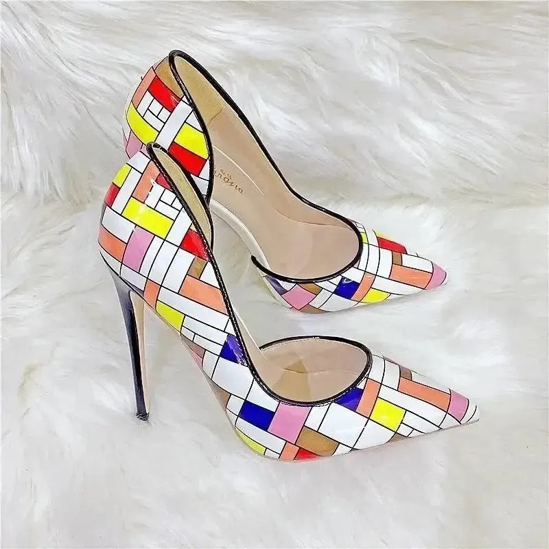 Color Checkered High Heels Stiletto Shoes