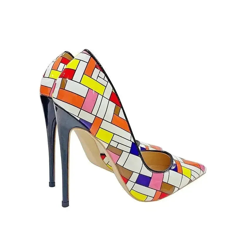 Color Checkered High Heels Stiletto Shoes