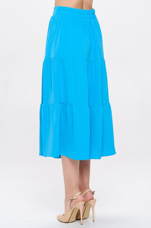 Solid Tiered Midi Skirt with Pockets