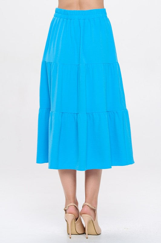 Solid Tiered Midi Skirt with Pockets