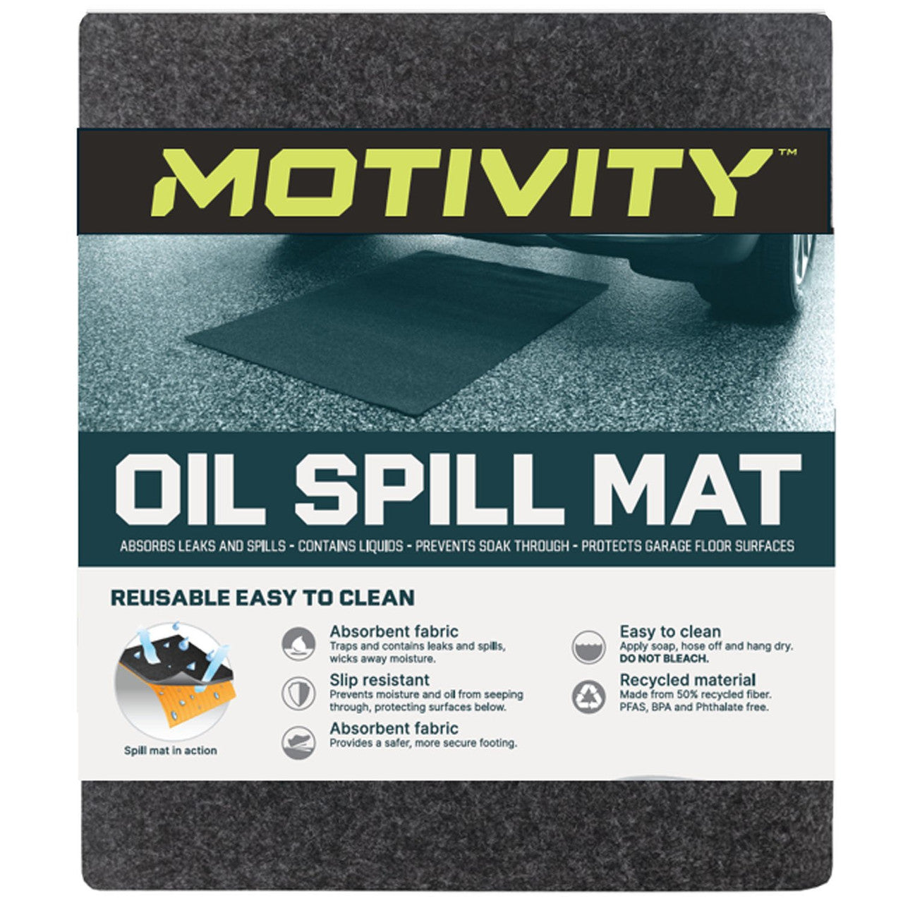MOTIVITY Oil Spill Mat 29x36" - Protects Garage Floors - Absorbs Spills With No Soak Through - Reusable, Washable, and Durable - USA Made
