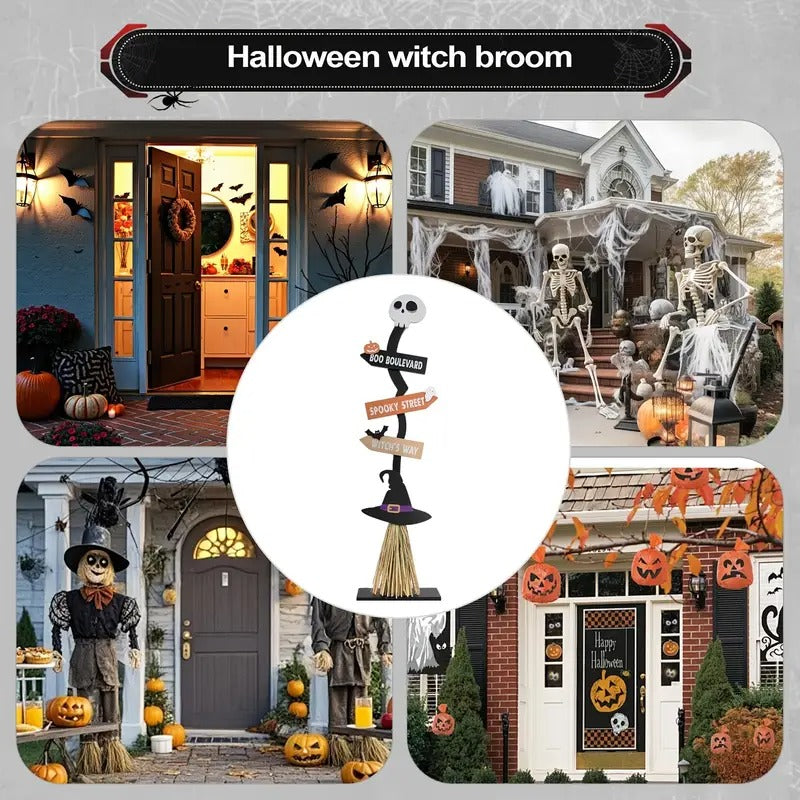 NNETM Witch Broom Decor with Halloween Sign