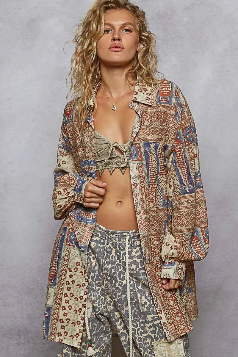 POL Printed Button Down Balloon Sleeve Shirt