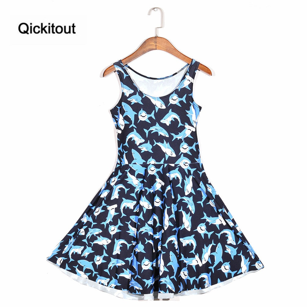 Girls Slim Women Dress Digital Print Submarine shark jump dress Summer Sleeveless Beach DRESS vestidos