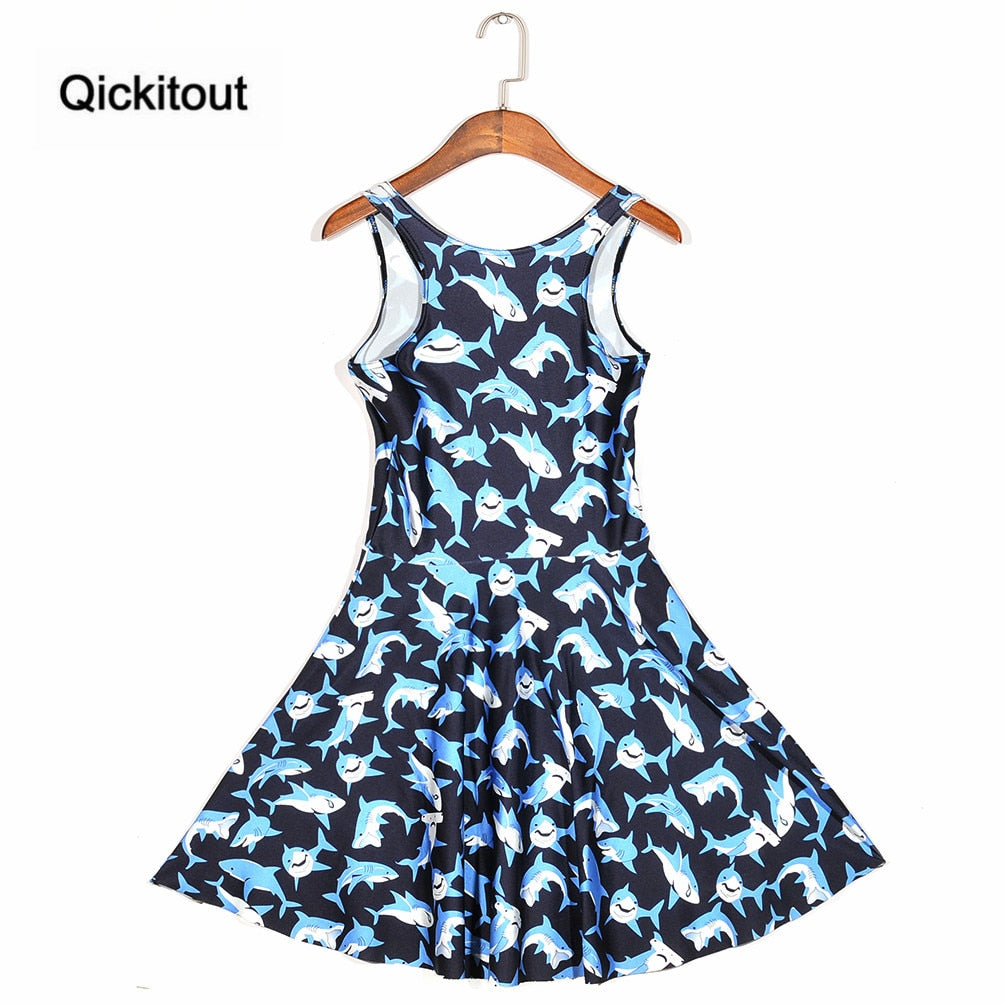 Girls Slim Women Dress Digital Print Submarine shark jump dress Summer Sleeveless Beach DRESS vestidos