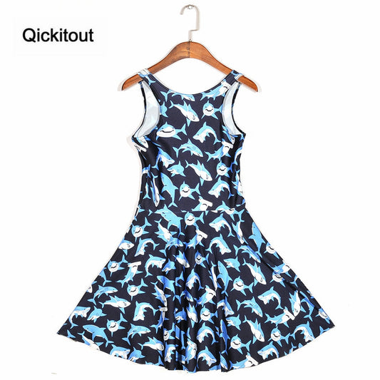 Girls Slim Women Dress Digital Print Submarine shark jump dress Summer Sleeveless Beach DRESS vestidos