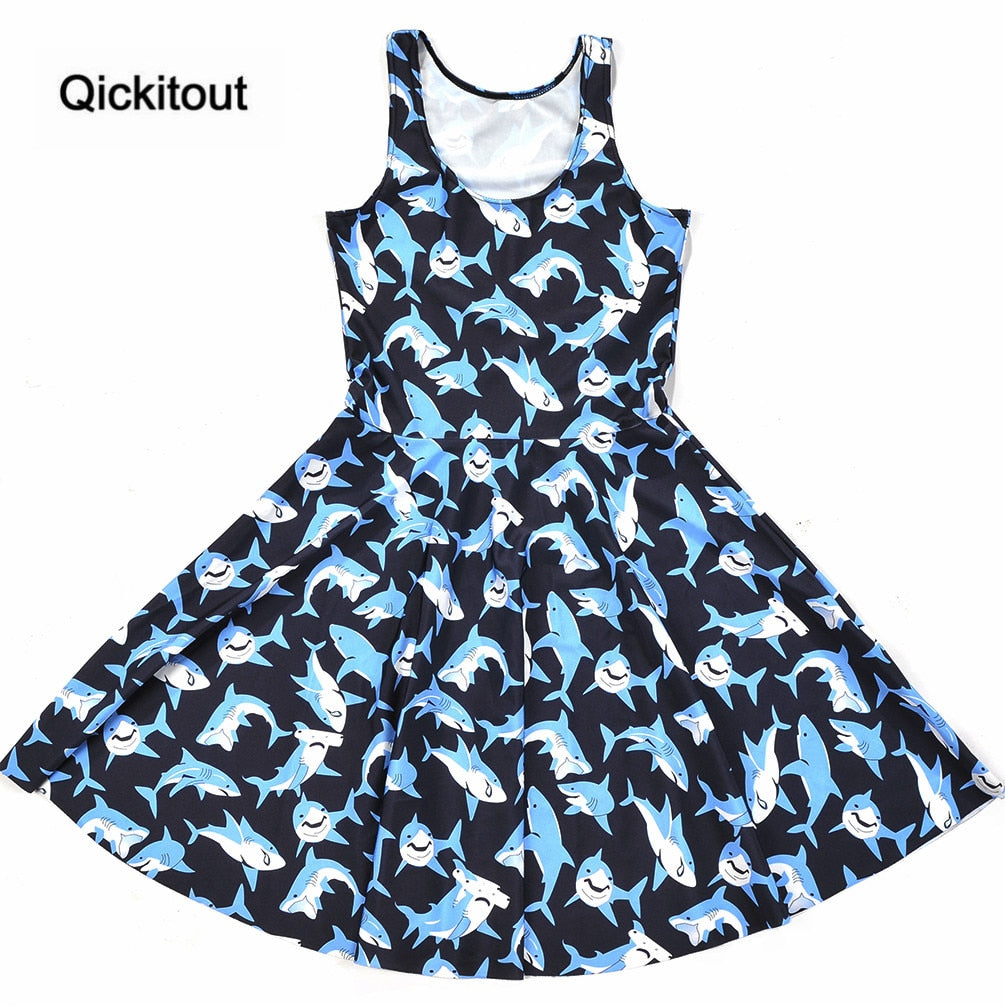 Girls Slim Women Dress Digital Print Submarine shark jump dress Summer Sleeveless Beach DRESS vestidos