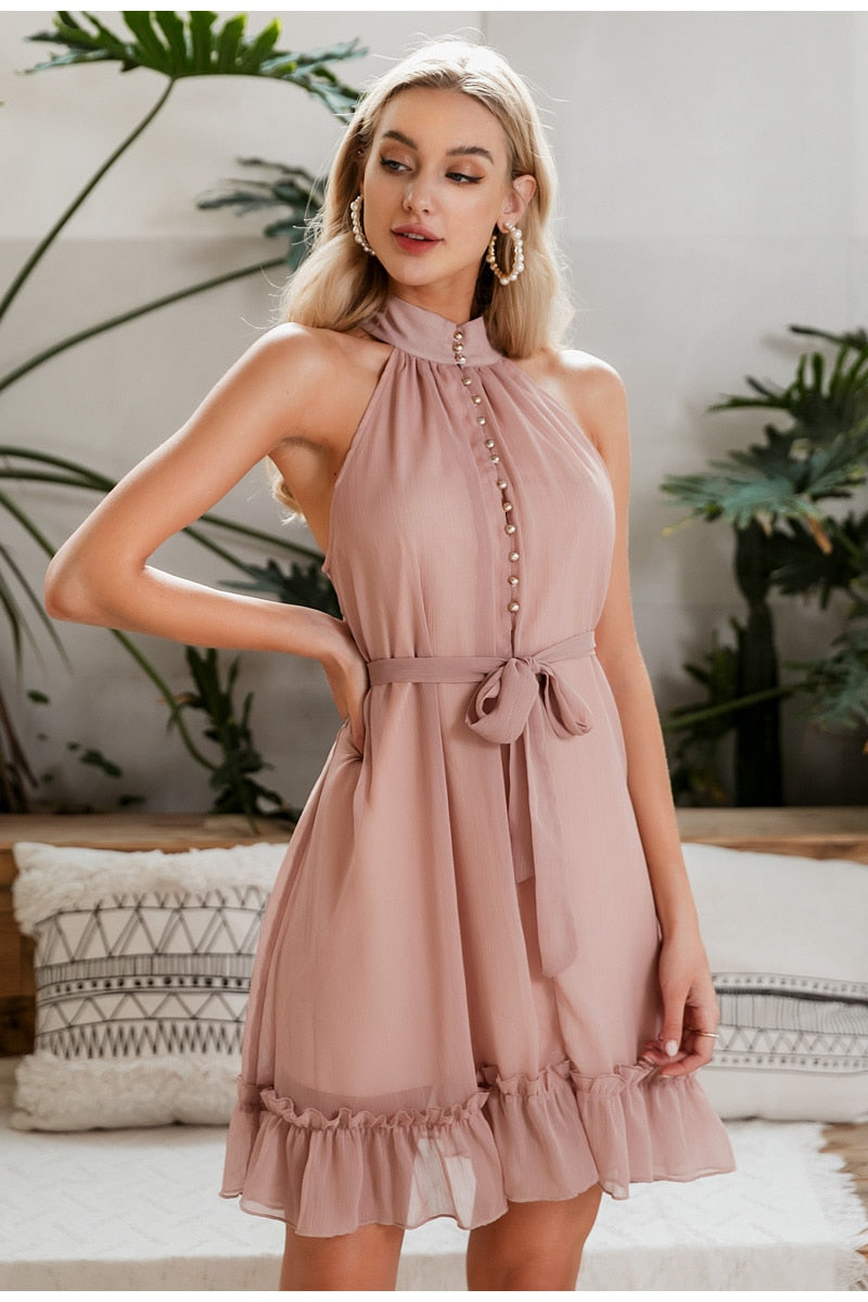 Sexy sleeveless women dress Solid ruffled sash buttons party summer dress