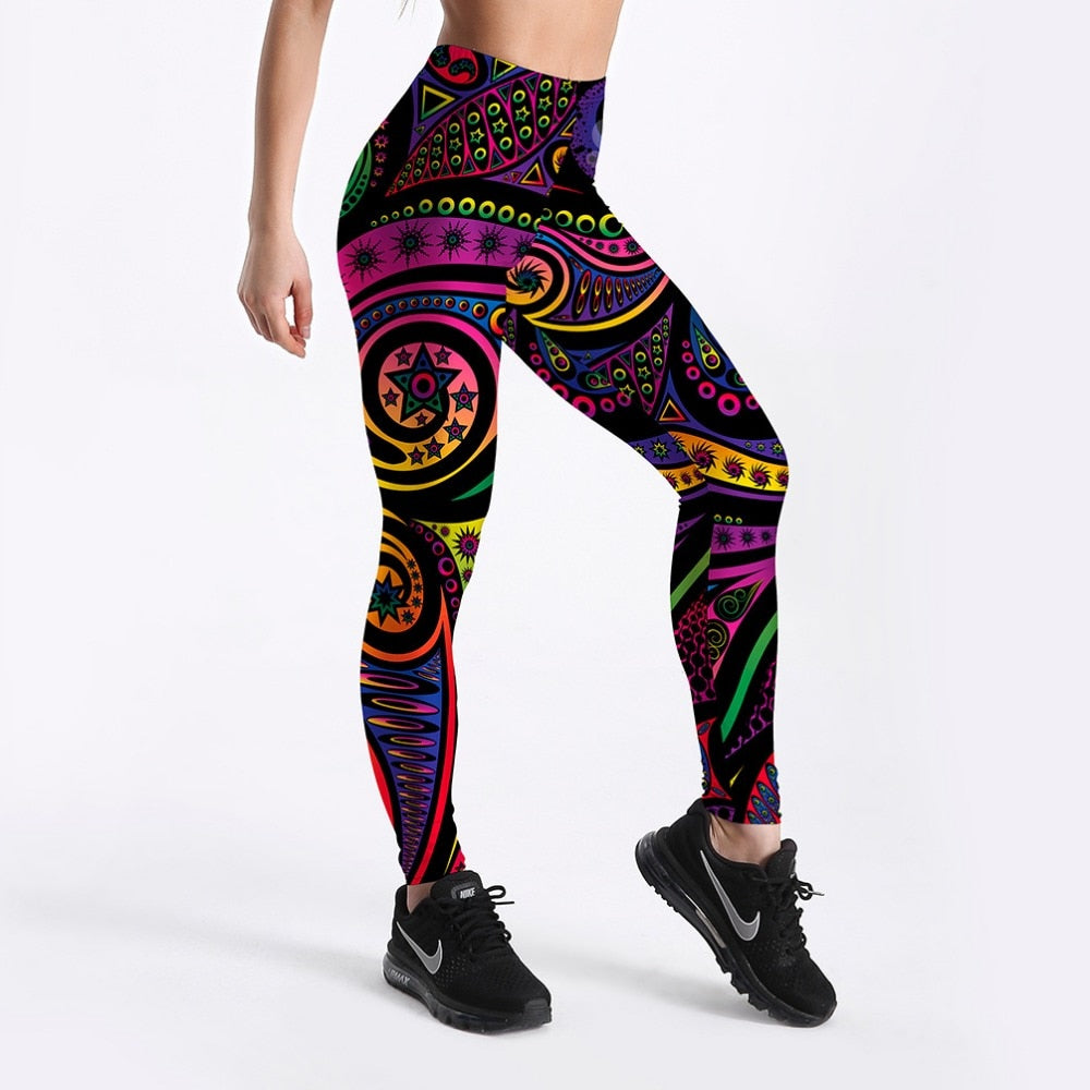 Women Summer Pants Color Totem Printed Black Sexy Leggings Plus Size