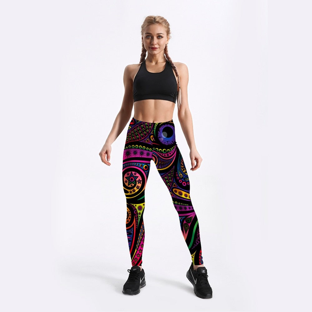 Women Summer Pants Color Totem Printed Black Sexy Leggings Plus Size