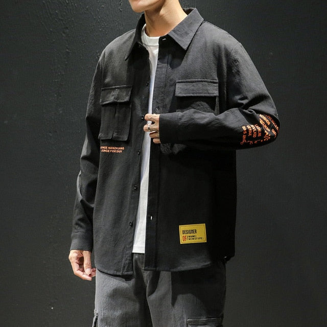White Cotton Cargo Shirt Men Autumn Fashions Streetwear Casual Tops Male Letter Print Long Sleeve Military PLUS SIZE Shirts 5XL