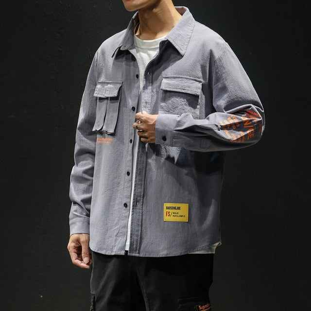 White Cotton Cargo Shirt Men Autumn Fashions Streetwear Casual Tops Male Letter Print Long Sleeve Military PLUS SIZE Shirts 5XL
