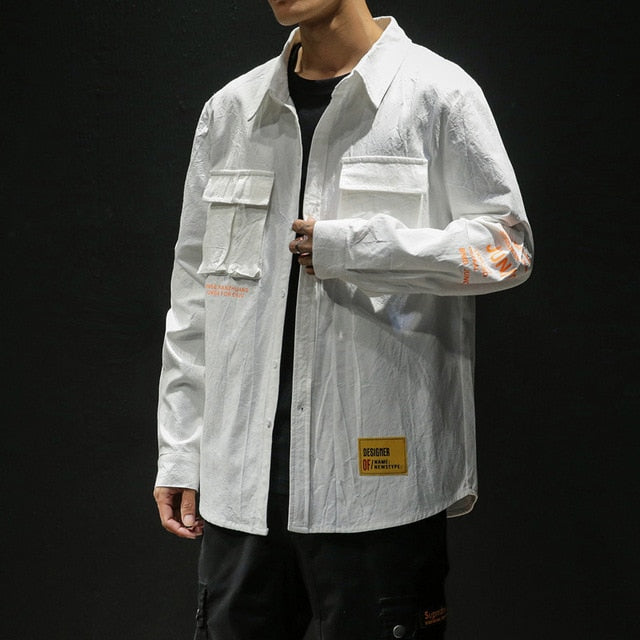 White Cotton Cargo Shirt Men Autumn Fashions Streetwear Casual Tops Male Letter Print Long Sleeve Military PLUS SIZE Shirts 5XL