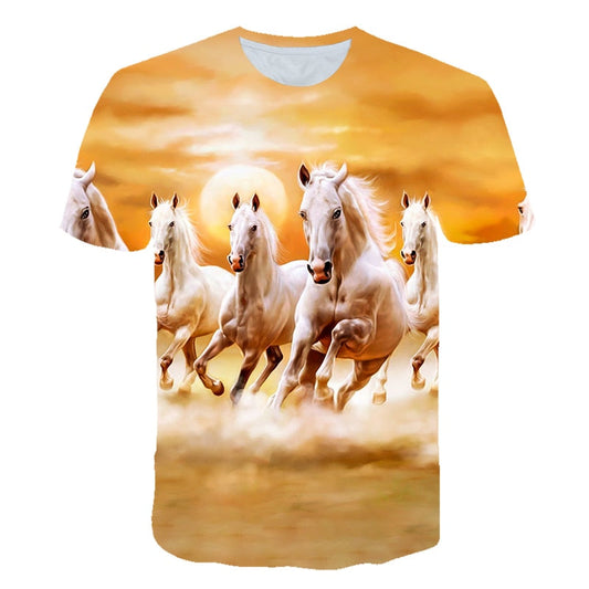 Men Streetwear Round Neck Short Sleeve Tees Tops Funny Animal Male Clothes Casual Run Horse 3D Print Tshirt