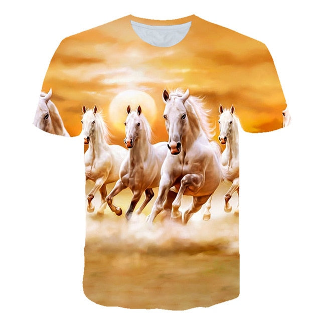 Men Streetwear Round Neck Short Sleeve Tees Tops Funny Animal Male Clothes Casual Run Horse 3D Print Tshirt