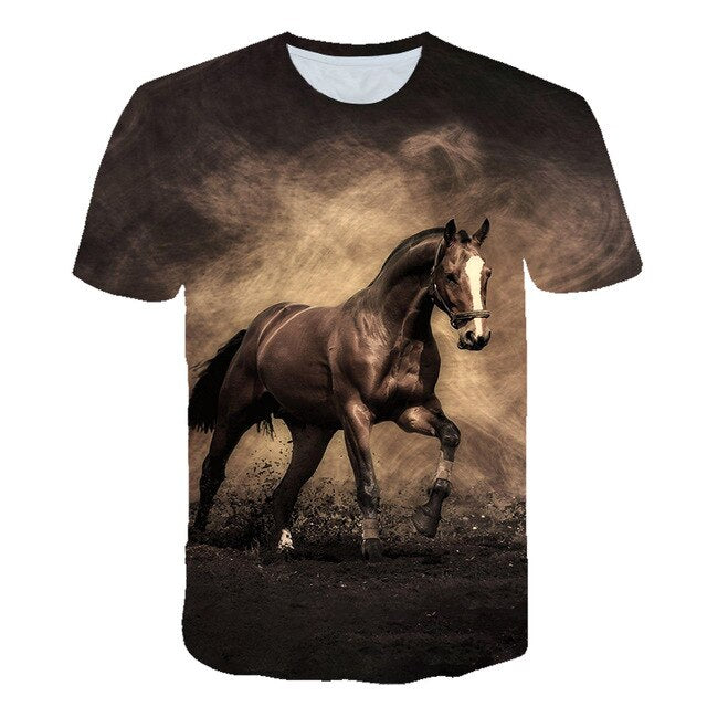 Men Streetwear Round Neck Short Sleeve Tees Tops Funny Animal Male Clothes Casual Run Horse 3D Print Tshirt