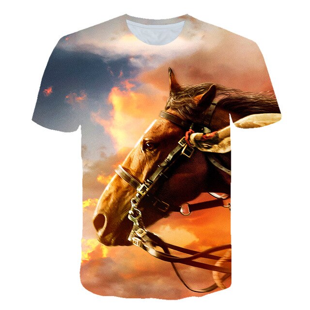 Men Streetwear Round Neck Short Sleeve Tees Tops Funny Animal Male Clothes Casual Run Horse 3D Print Tshirt