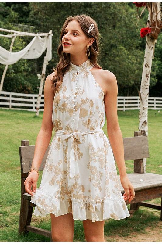 Sexy sleeveless women dress Solid ruffled sash buttons party summer dress