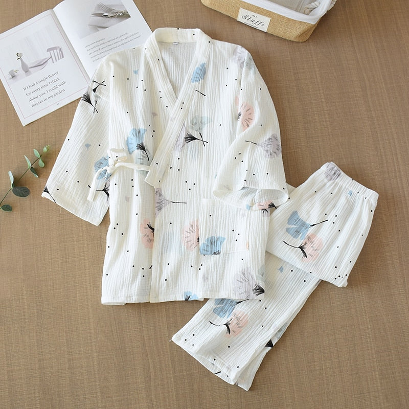 Pure Cotton Yarn Kimono Pajamas V-Neck Printing Plus Size Pijama Mujer Loungewear Women 2 Piece Sleepwear Autumn Fashion