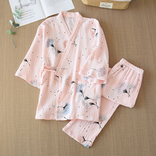 Pure Cotton Yarn Kimono Pajamas V-Neck Printing Plus Size Pijama Mujer Loungewear Women 2 Piece Sleepwear Autumn Fashion