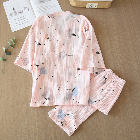 Pure Cotton Yarn Kimono Pajamas V-Neck Printing Plus Size Pijama Mujer Loungewear Women 2 Piece Sleepwear Autumn Fashion