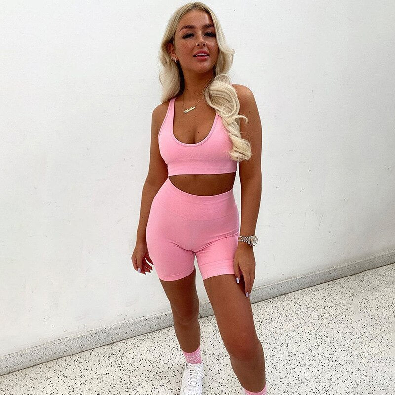 Seamless Solid Yoga Set Women Gym Clothes Bra Tank Crop Top Legging Shorts Sexy Fitness Sportswear Running Workout Tracksuit