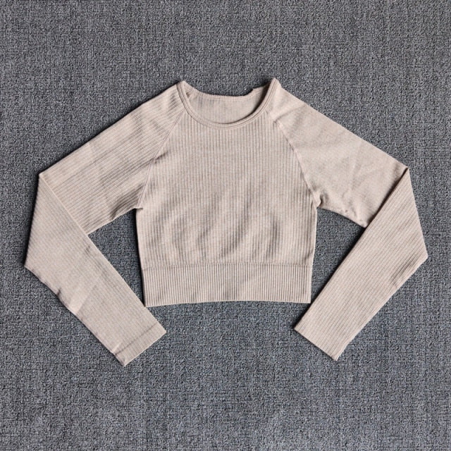 Women&#39;s Sportswear Yoga Sets Ribbed Seamless Long Sleeve Workout Clothes for Women High Waist Sports Legging Long Sleeve Top
