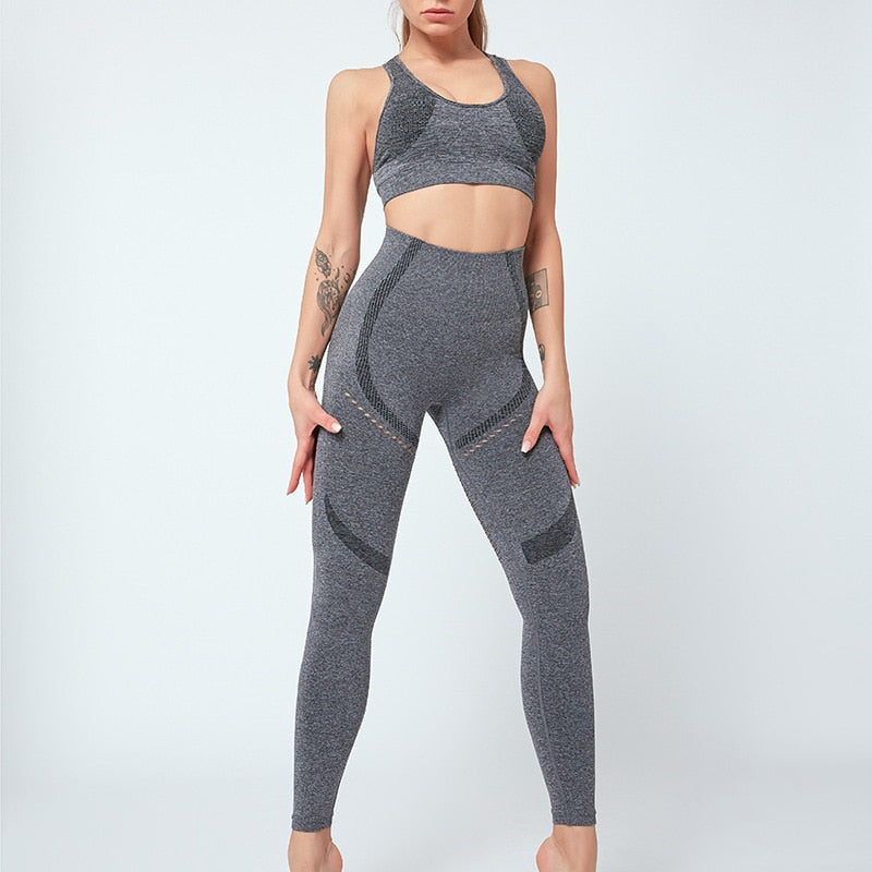 Women Seamless Yoga Set Women Gym Clothes Tank Crop Top Hollow Out Leggings Sports Tracksuit Workout Sports Fitness 2 Piece Set