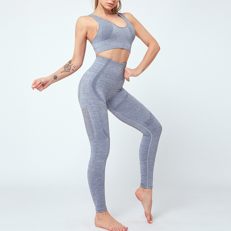Women Seamless Yoga Set Women Gym Clothes Tank Crop Top Hollow Out Leggings Sports Tracksuit Workout Sports Fitness 2 Piece Set