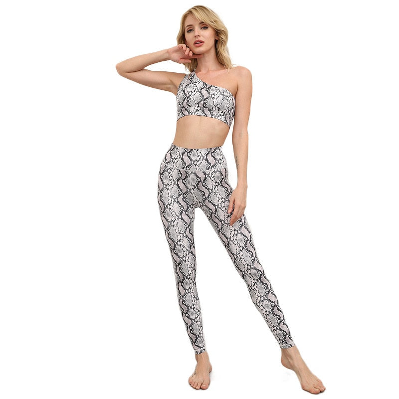 Women Snakeskin Print Yoga Set Women Gym Clothes One Shoulder Crop Top And Leggings Fitness Tracksuit Workout Push Up Sport Suit