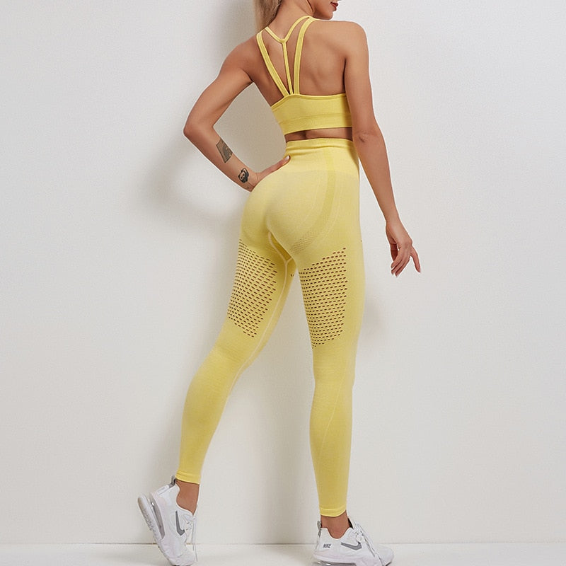 Women Seamless Yoga Set Women Gym Clothes Tank Crop Top Hollow Out Leggings Sports Tracksuit Workout Sports Fitness 2 Piece Set