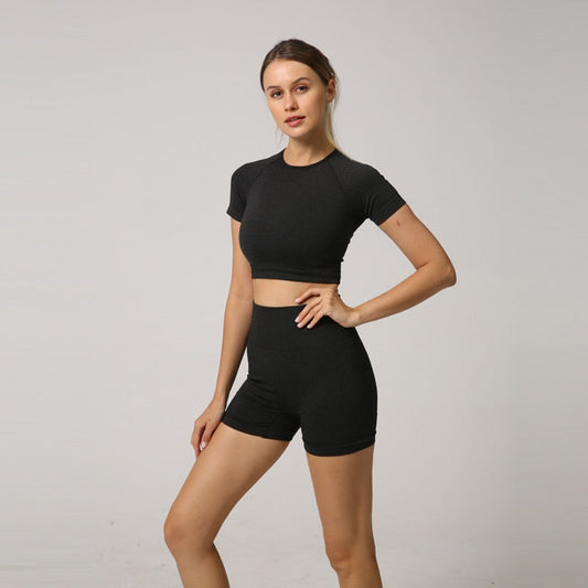 Seamless Women Yoga Set Crop Top Short Sleeve Shirt Fitness Shorts Workout Clothes For Women Gym Clothing Yoga Sport Set